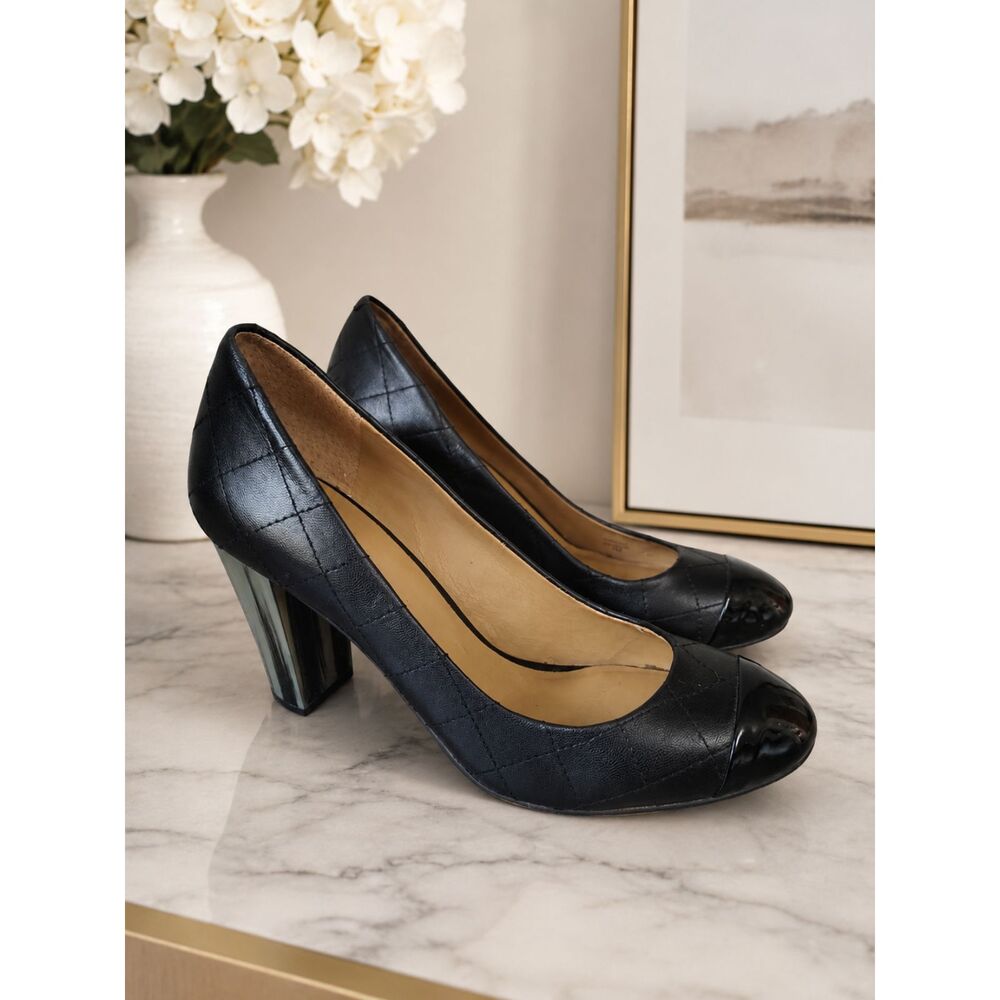 Ann Taylor Black Leather Quilted Cap Toe Block Heel Dress Shoes Women's 7M